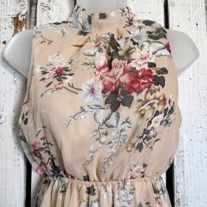 EQ Peach Floral Chiffon Maxi Dress Size S Sleeveless Open Back Boho Fairy Garden
